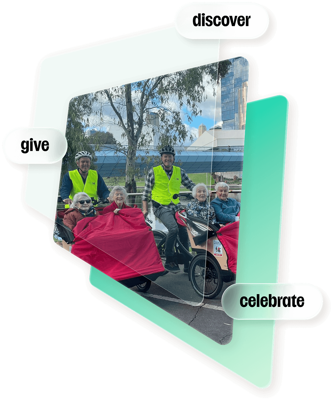 Cycling Without Age volunteers and passengers on the Adelaide riverbank